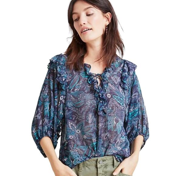 🆕 Anthropologie Haida Pleasant Top Navy Teal Ruffled NWT Size S Romantic Boho - Picture 2 of 11